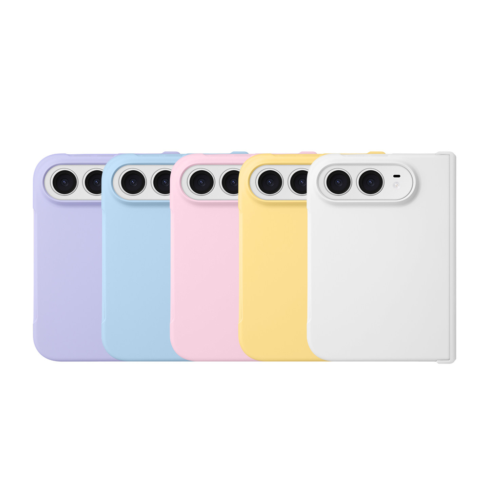 Five iPhone Duo dopamine cases in light purple, light blue, light pink, light yellow and white arranged in a row