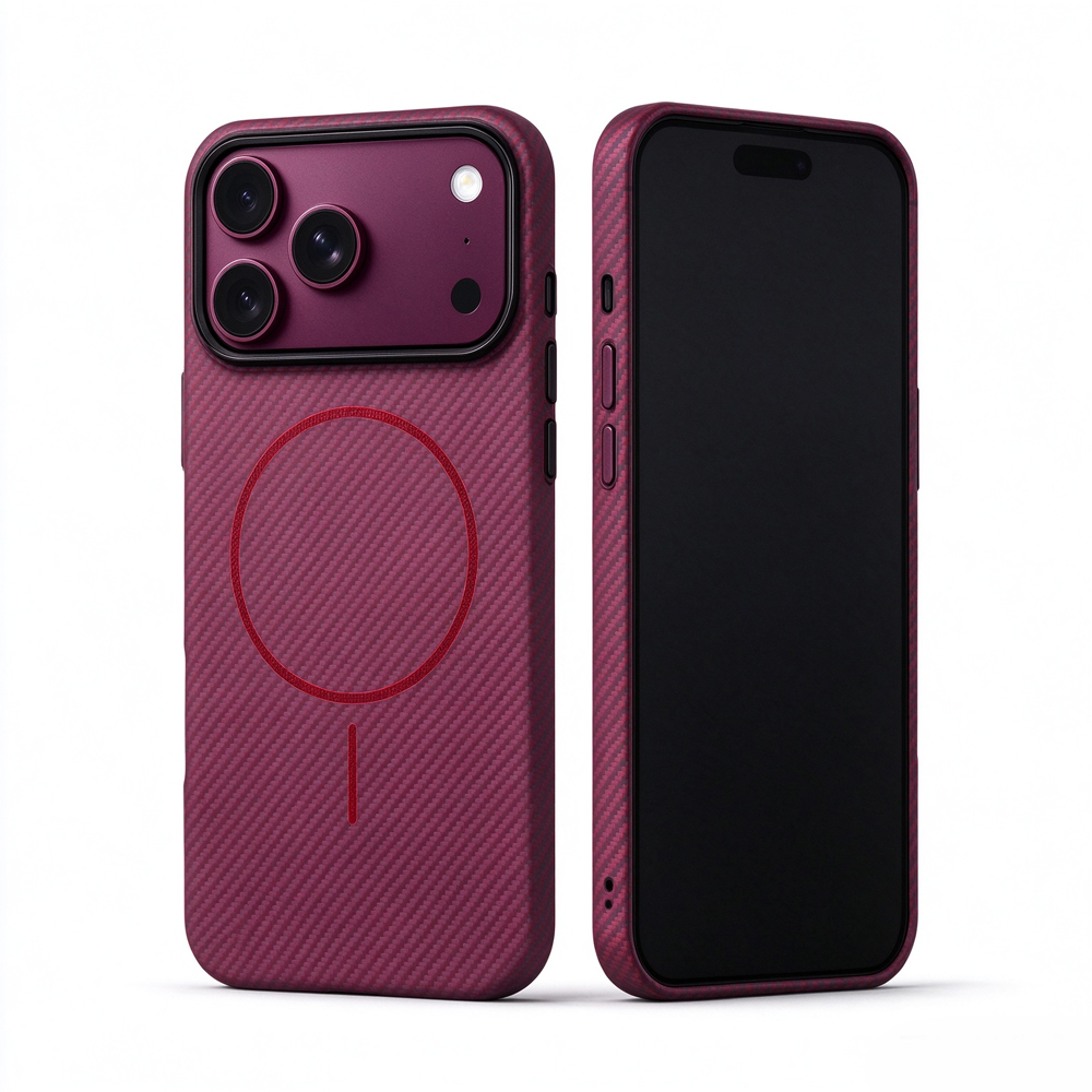 Two ZeekClub Blush wine red magnetic iPhone cases, back and front view