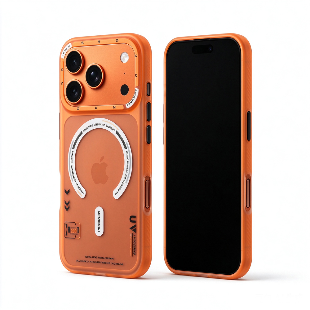 Two ZeekClub Ember orange magnetic iPhone cases, back and front view