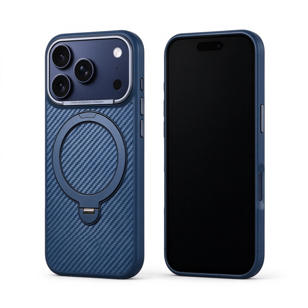 Two ZeekClub Fiber Navy magnetic iPhone cases, back and front view