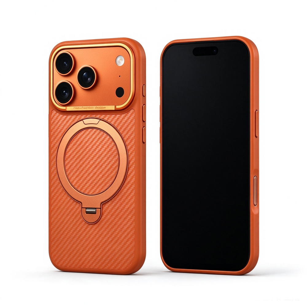 Two ZeekClub Fiber Orange magnetic iPhone cases, back and front view