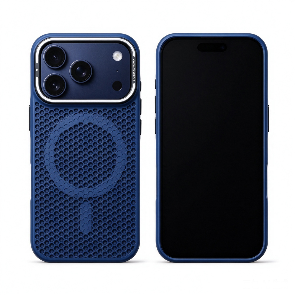 Two ZeekClub Hex Indigo magnetic iPhone cases, back and front view