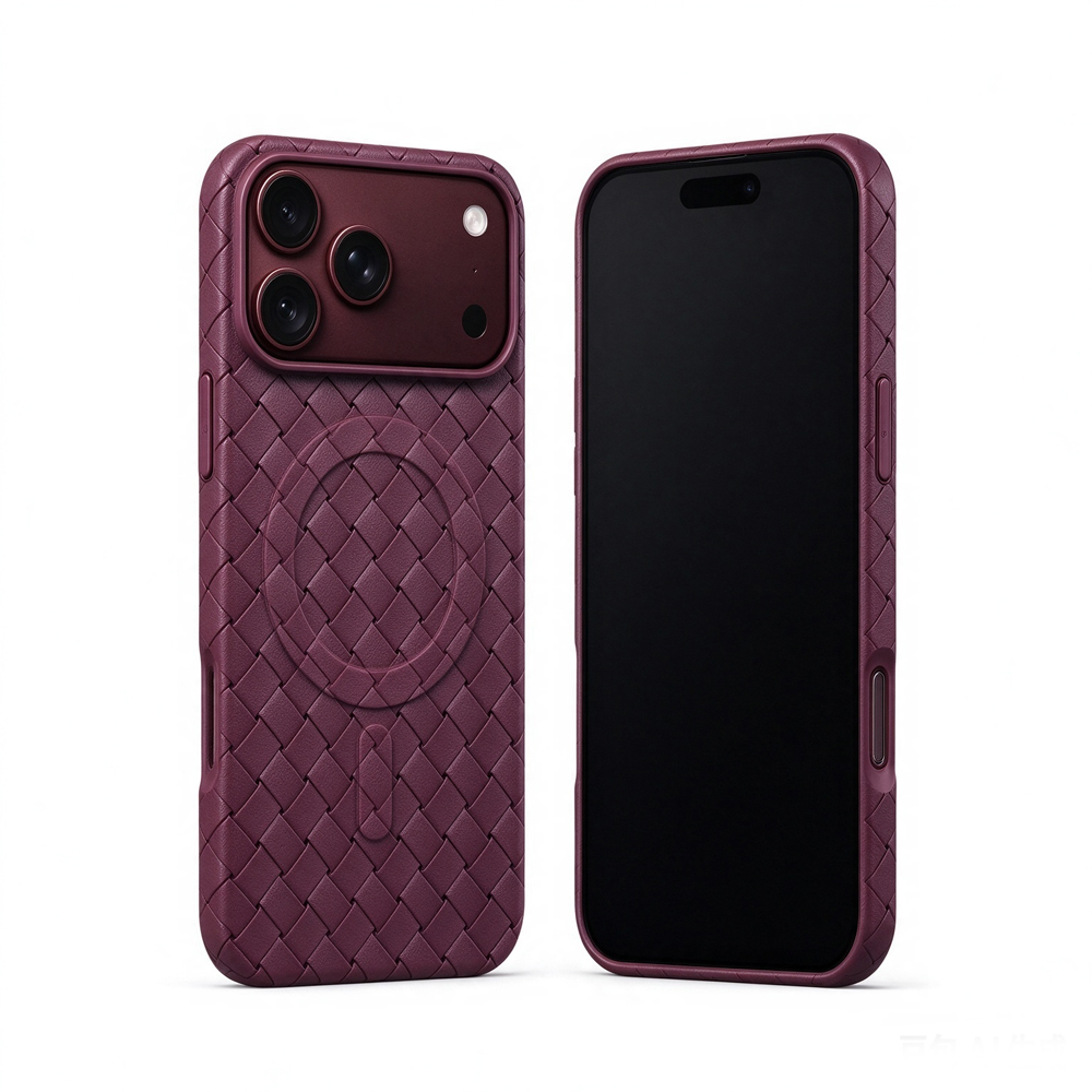 Two ZeekClub Loom Wine magnetic iPhone cases, back and front view