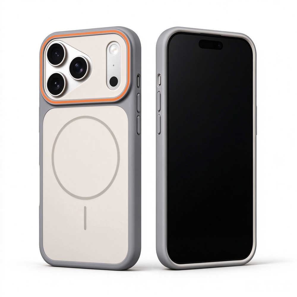 Two ZeekClub Pearl cream white magnetic iPhone cases, front and back view