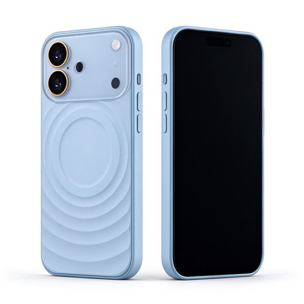 Two ZeekClub Ripple Glacier Blue magnetic iPhone cases, back and front view