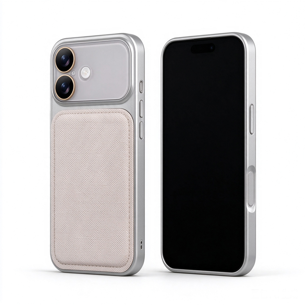 Two ZeekClub Tweed Taupe iPhone cases, back and front view