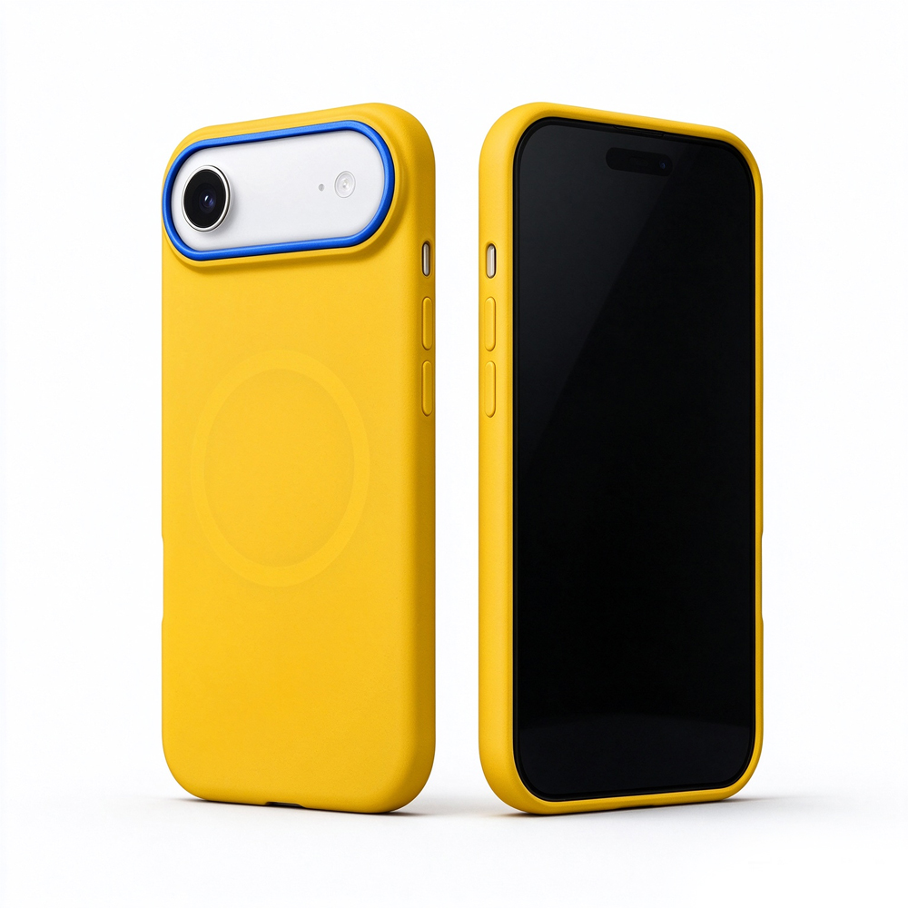 Two ZeekClub Zephyr yellow iPhone cases, front and back view