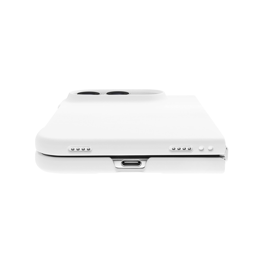 White iPhone Duo dopamine case with white phone, bottom view showing Type-C port and speaker cutouts