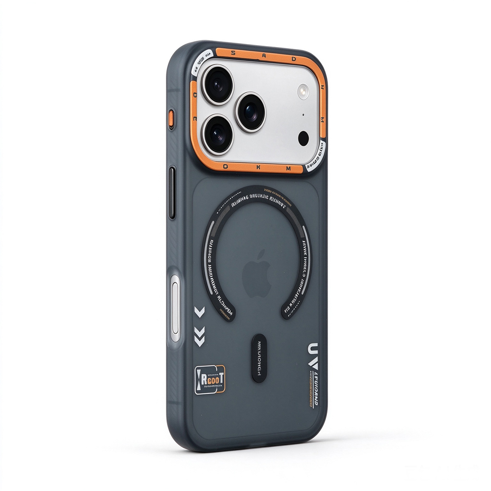 ZeekClub Apex dark grey iPhone case with orange camera frame and magnetic ring, side view