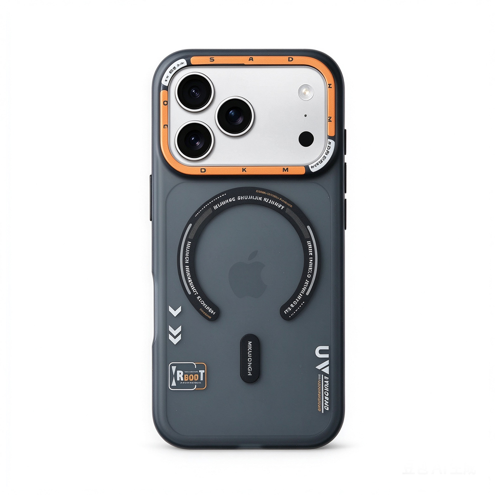 ZeekClub Apex magnetic iPhone case in dark grey with orange camera frame and printed graphics, back view