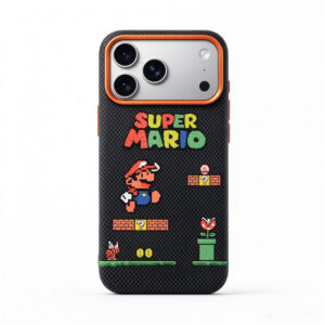 ZeekClub Arcade Onyx magnetic iPhone case in black carbon with retro pixel gaming artwork and orange camera frame, back view