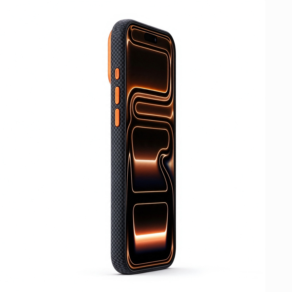 ZeekClub Arcade Onyx magnetic iPhone case with orange buttons and carbon texture, side view