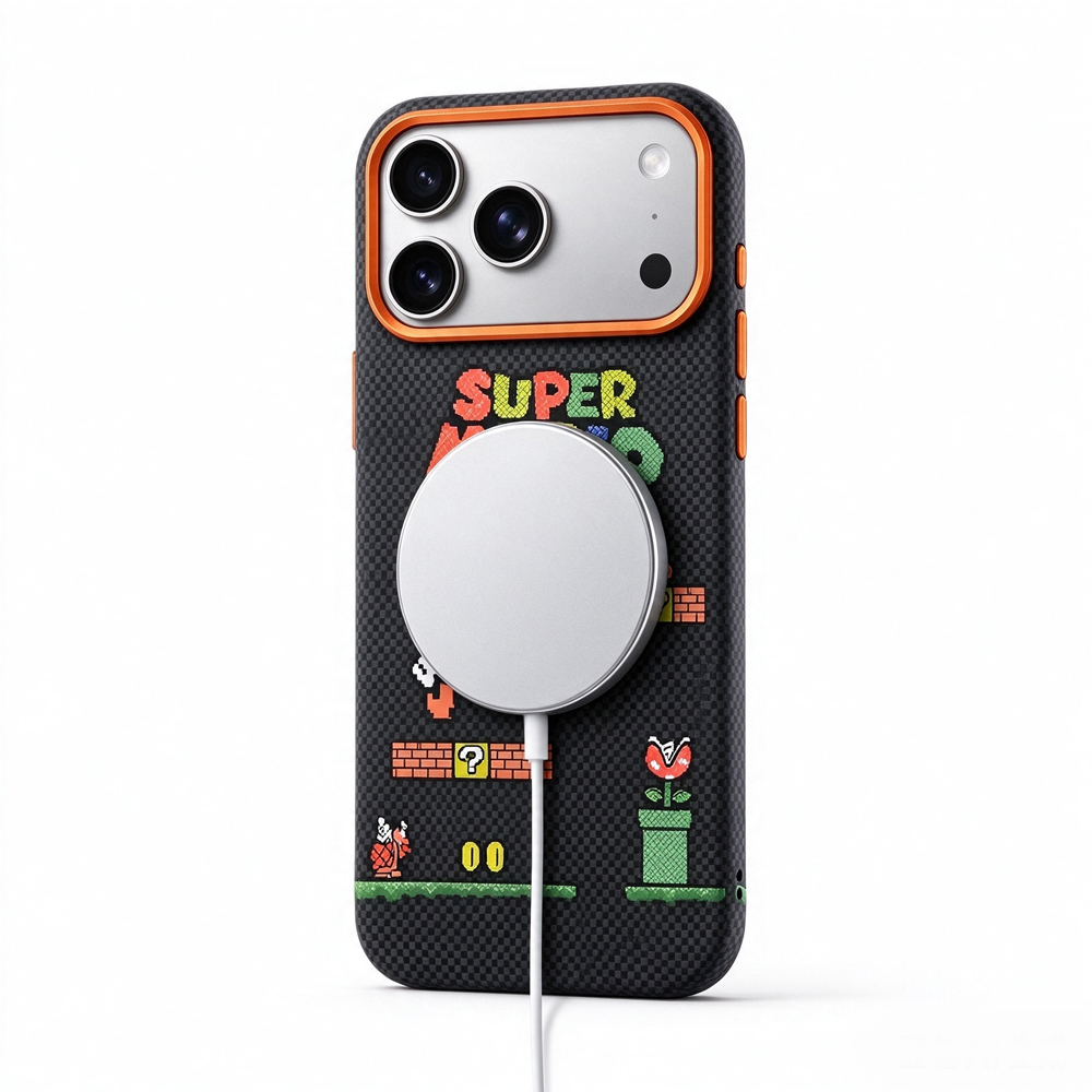 ZeekClub Arcade Onyx magnetic iPhone case with wireless charger attached