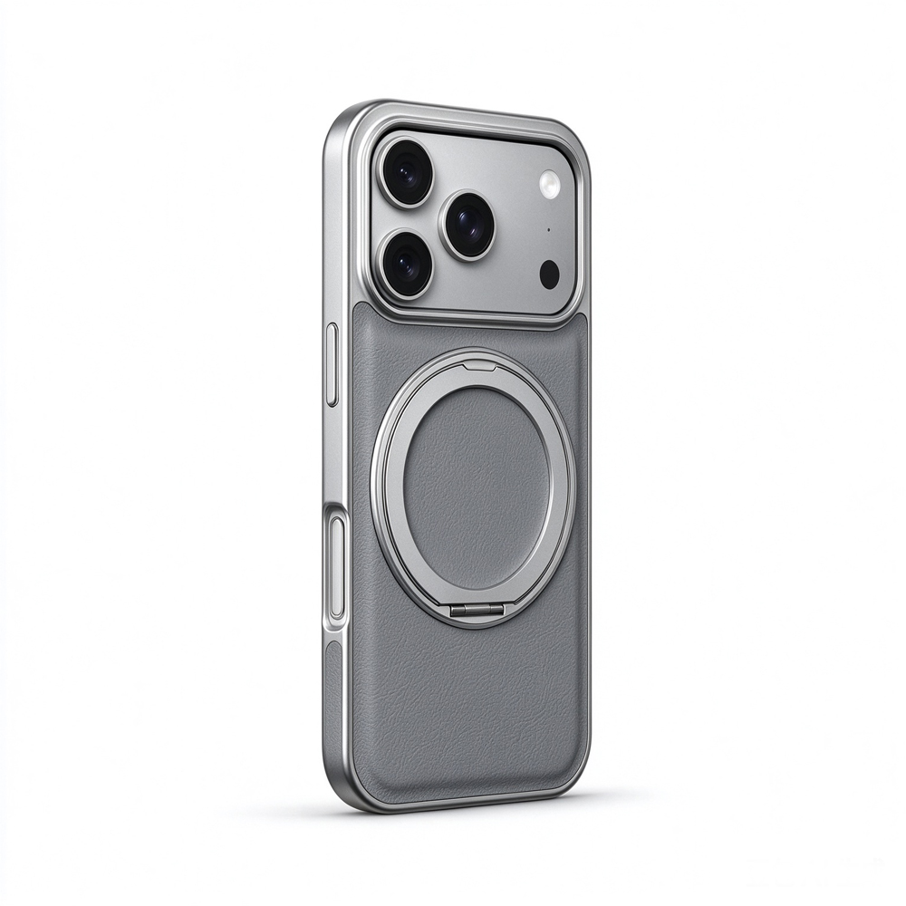 ZeekClub Argent grey iPhone case with silver magnetic ring stand and raised camera guard, side view