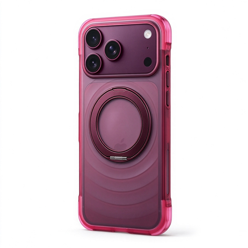 ZeekClub Aurora Rose magnetic iPhone case with translucent finish and foldable ring stand, side view