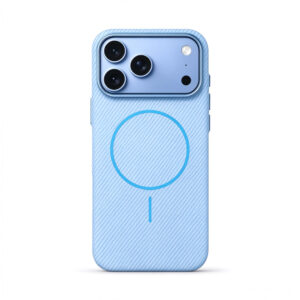 ZeekClub Azure magnetic iPhone case in light blue carbon texture with blue frame, back view