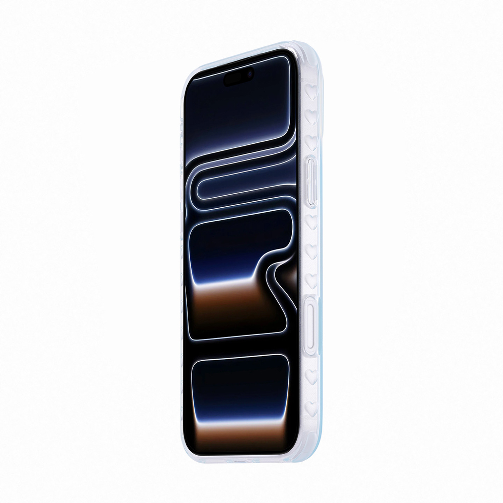 ZeekClub Believe light blue semi-transparent iPhone case with heart-shaped side texture, side profile