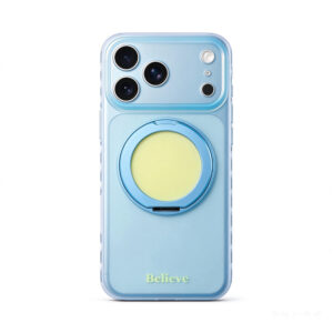ZeekClub Believe magnetic iPhone case in light blue gradient with frosted finish and heart-shaped side texture, back view