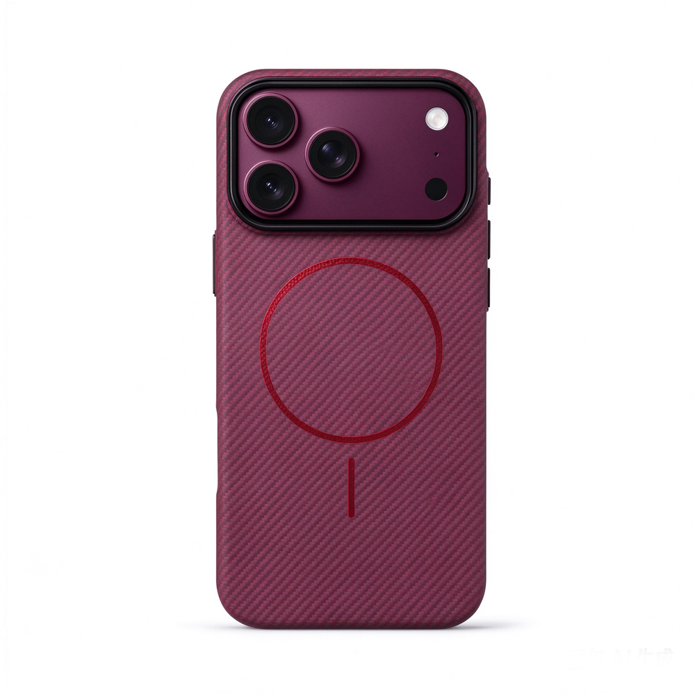 ZeekClub Blush magnetic iPhone case in wine red carbon texture with black camera frame, back view