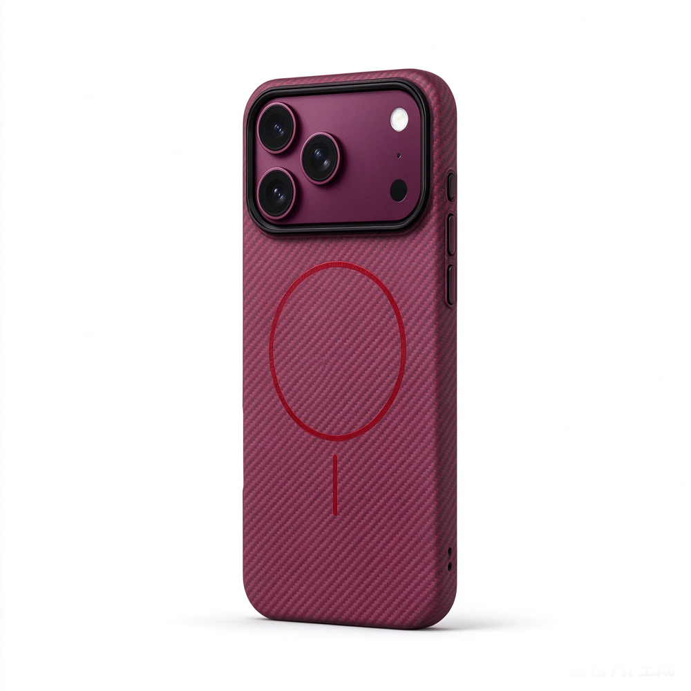 ZeekClub Blush wine red iPhone case with red magnetic ring and black camera frame, side view