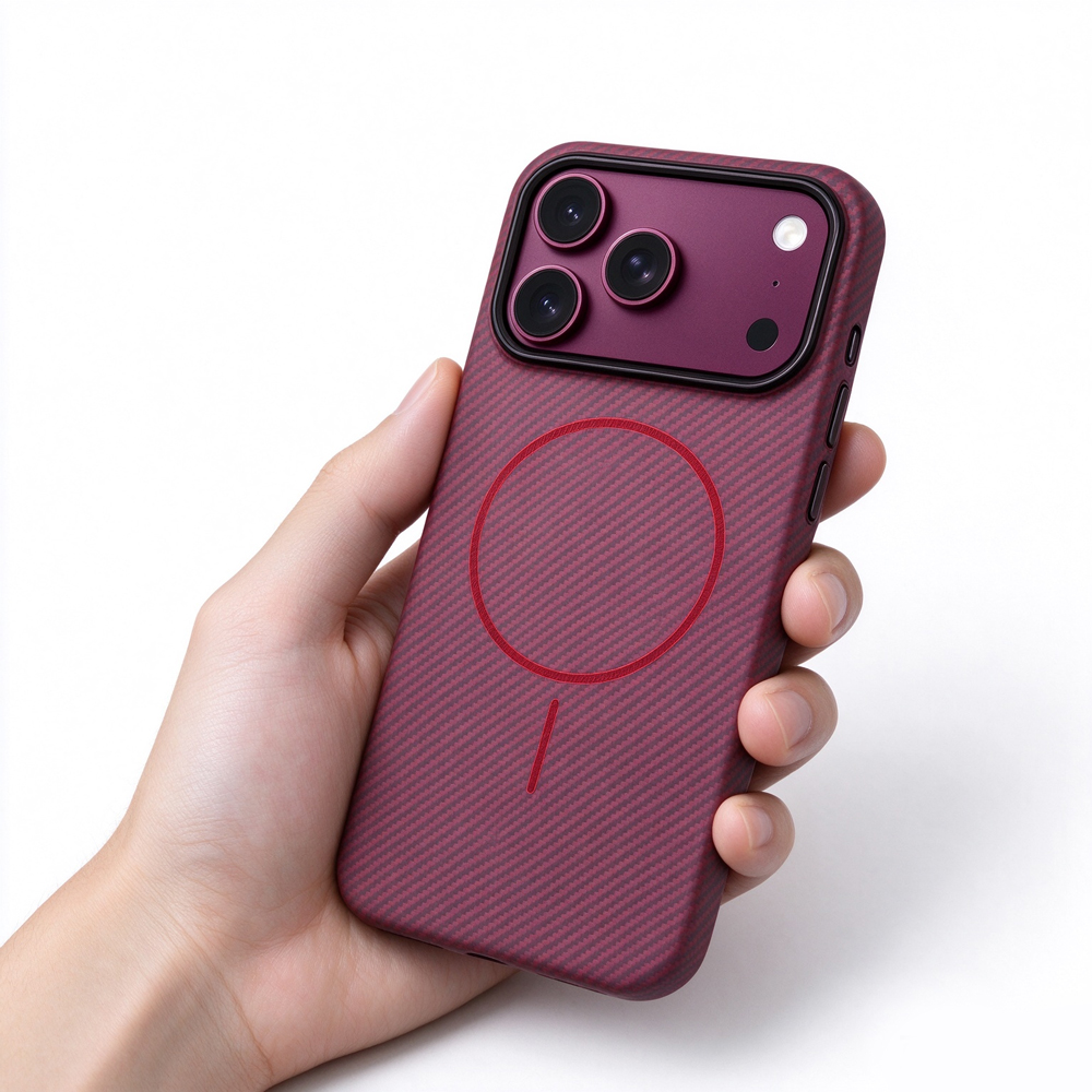 ZeekClub Blush wine red magnetic iPhone case held in hand