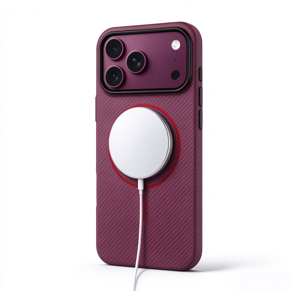 ZeekClub Blush wine red magnetic iPhone case with wireless charger attached
