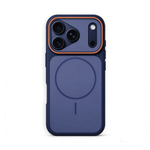 ZeekClub Cobalt magnetic iPhone case in deep blue with orange camera frame, back view
