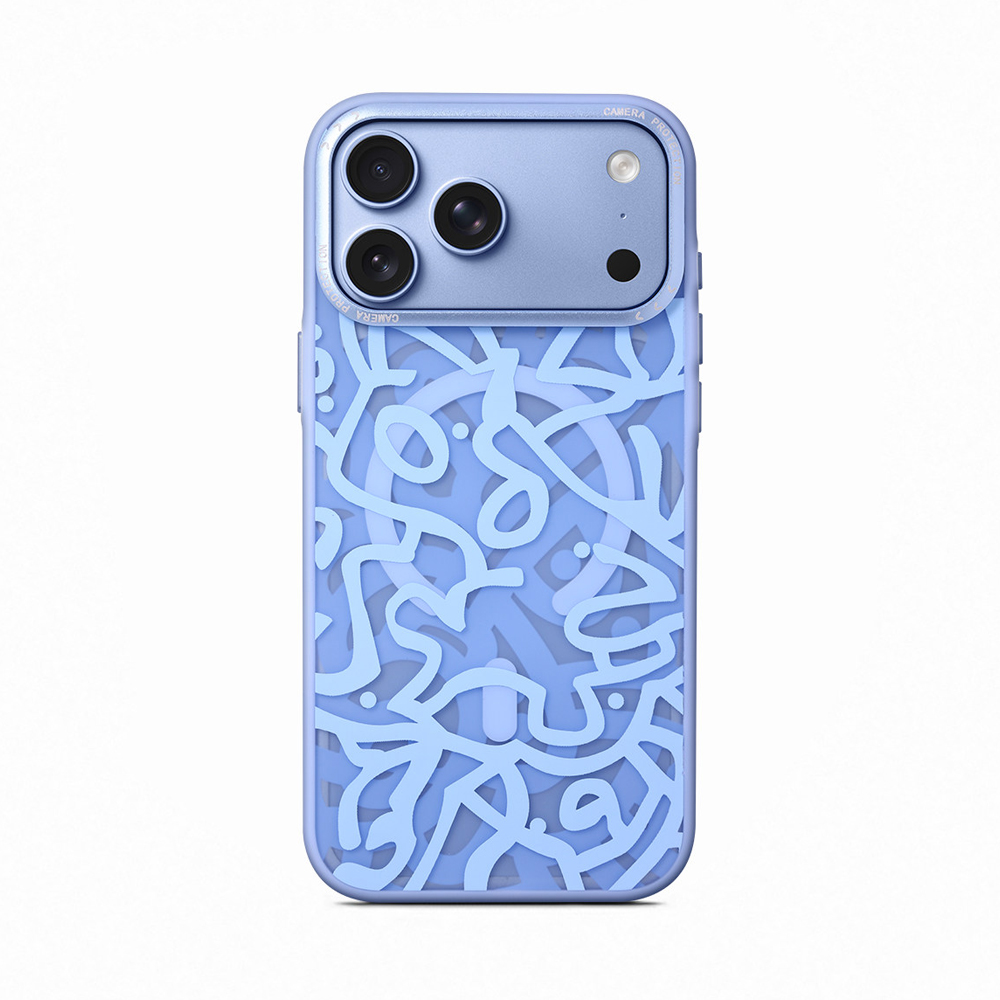 ZeekClub Doodle magnetic iPhone case in Blue with artistic line pattern and camera protection bezel, back view