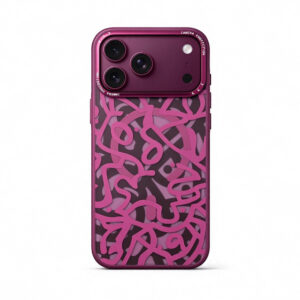ZeekClub Doodle magnetic iPhone case in Wine Red with artistic line pattern and camera protection bezel, back view