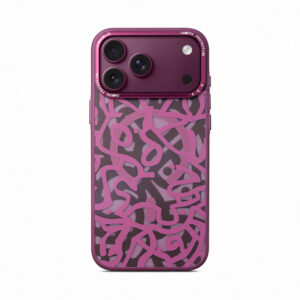 ZeekClub Doodle magnetic iPhone case in Wine Red with artistic line pattern and camera protection bezel, back view