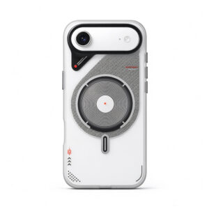 ZeekClub Echo magnetic iPhone case in white with concentric circle pattern and red accents, back view
