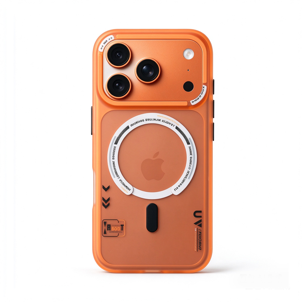 ZeekClub Ember magnetic iPhone case in orange translucent finish with raised camera guard, back view
