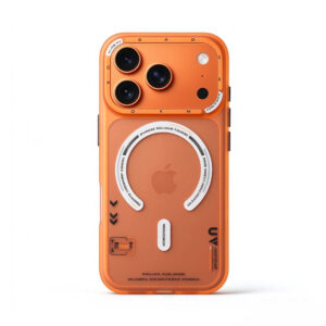 ZeekClub Ember magnetic iPhone case in orange translucent finish with raised camera guard, back view