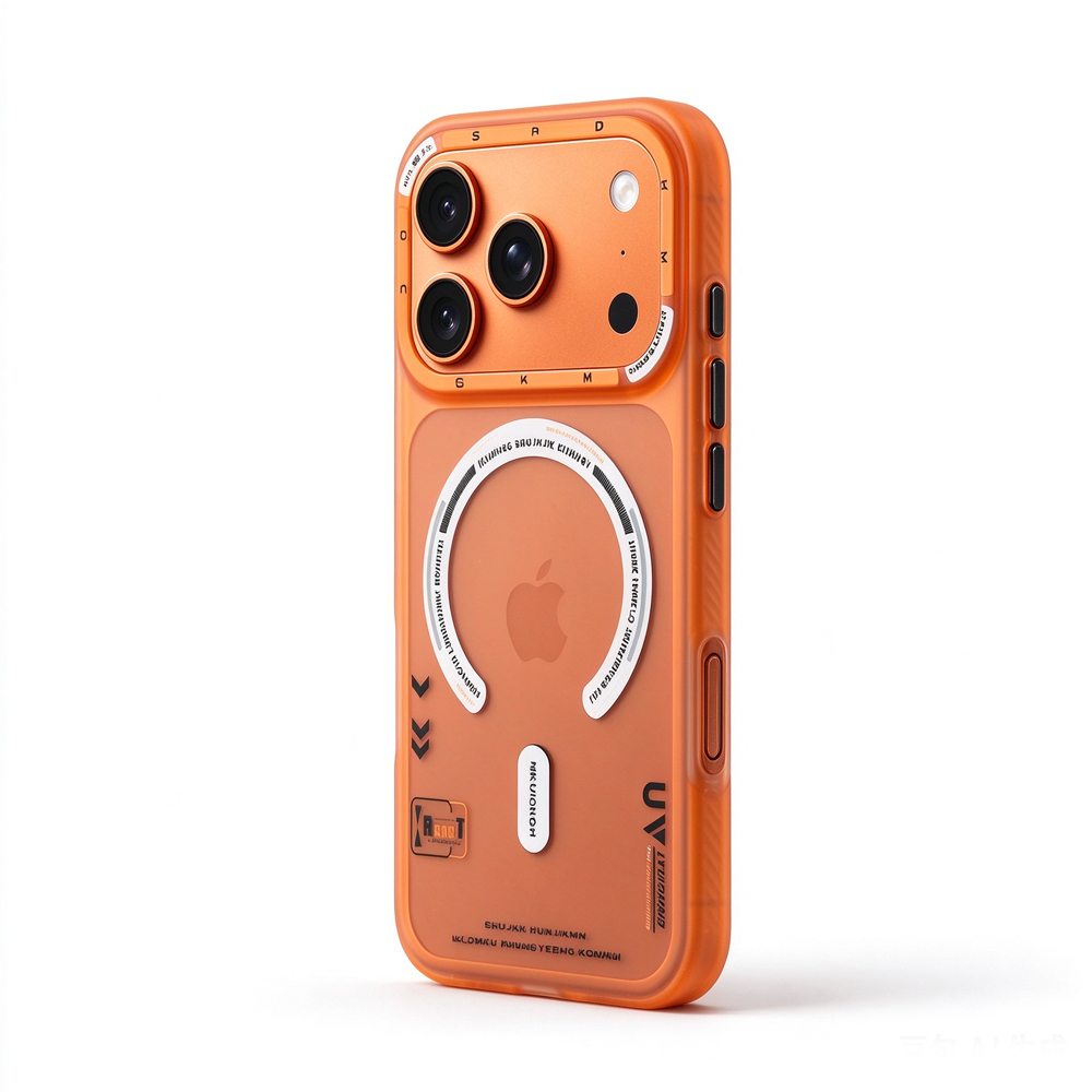 ZeekClub Ember orange iPhone case with white magnetic ring and printed accents, side view