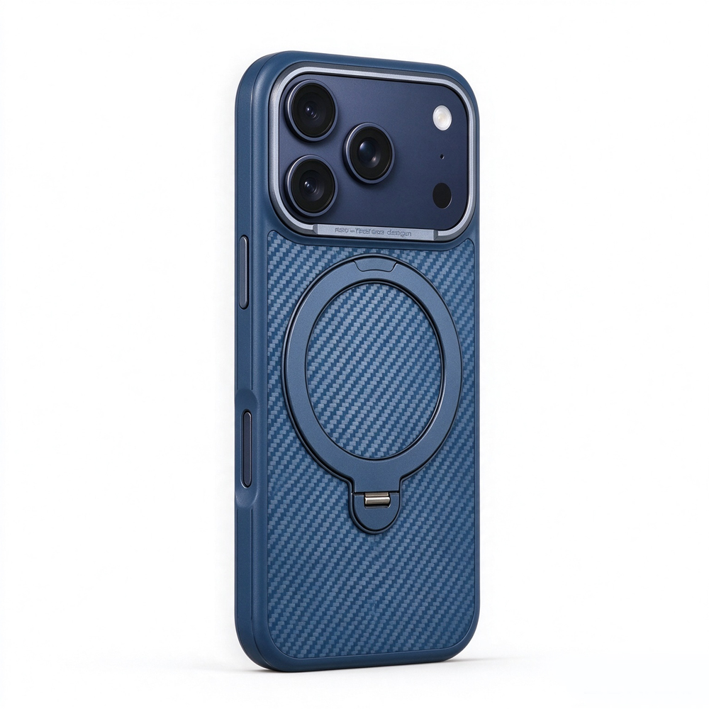 ZeekClub Fiber Navy carbon texture iPhone case with metal camera frame and magnetic ring, side view