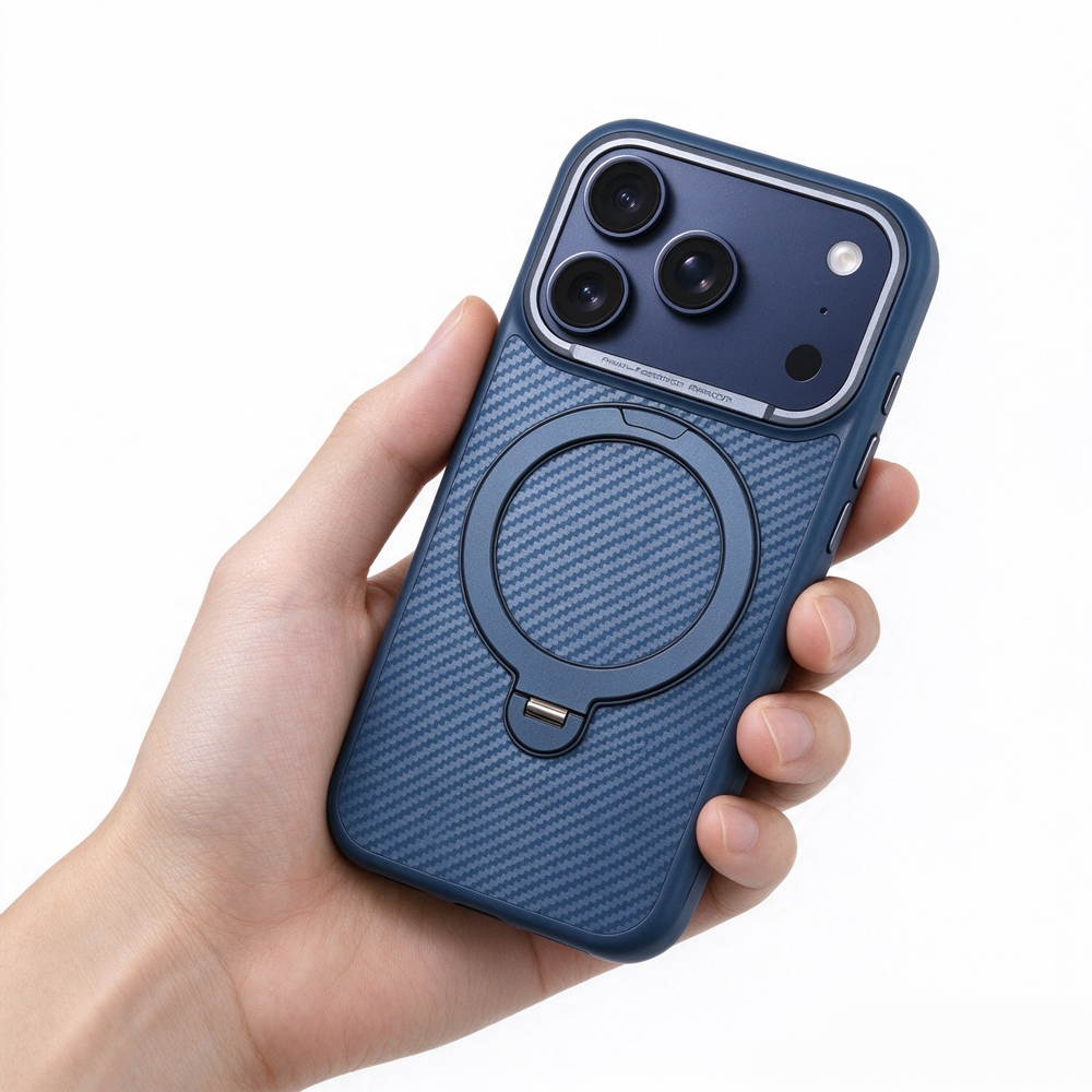 ZeekClub Fiber Navy carbon texture magnetic iPhone case held in hand