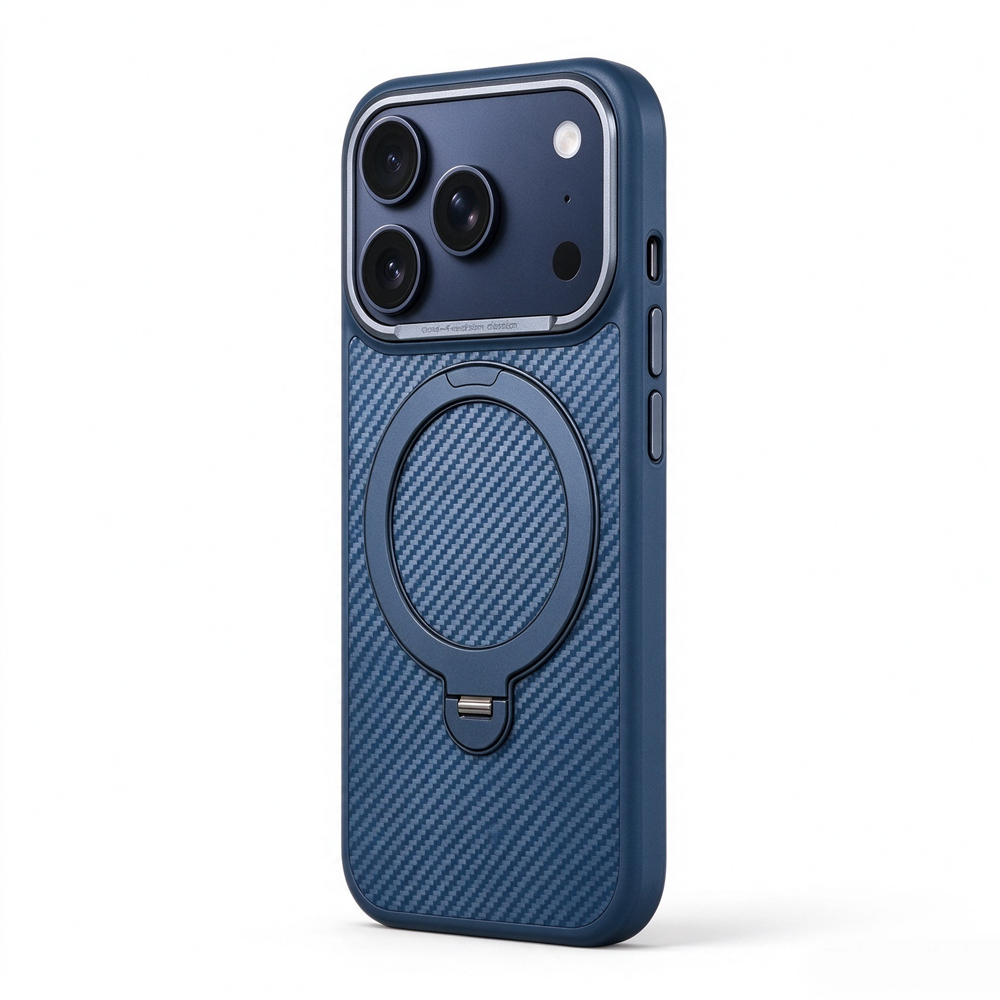 ZeekClub Fiber Navy magnetic iPhone case with finger ring holder and metal camera bezel, side view