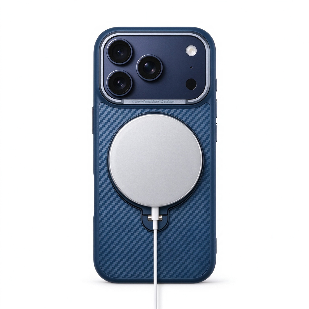 ZeekClub Fiber Navy magnetic iPhone case with wireless charger attached