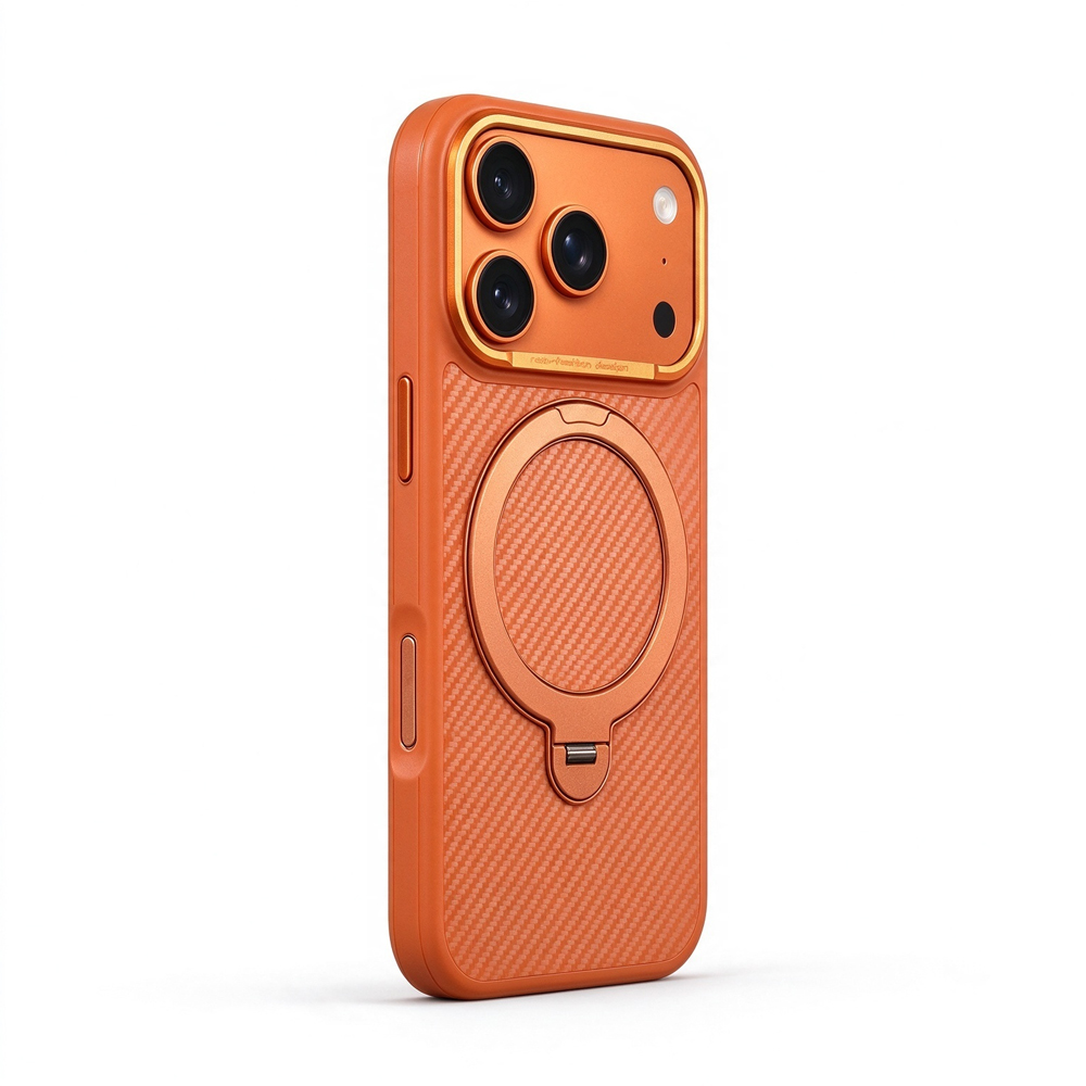 ZeekClub Fiber Orange carbon texture iPhone case with gold camera frame and magnetic ring, side view