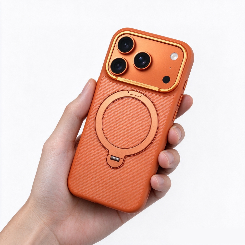 ZeekClub Fiber Orange carbon texture magnetic iPhone case held in hand