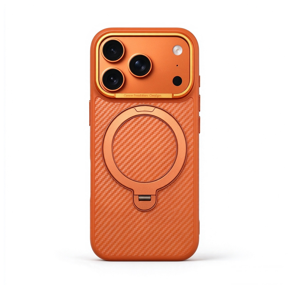 ZeekClub Fiber Orange magnetic iPhone case in orange with carbon texture and gold camera frame, back view