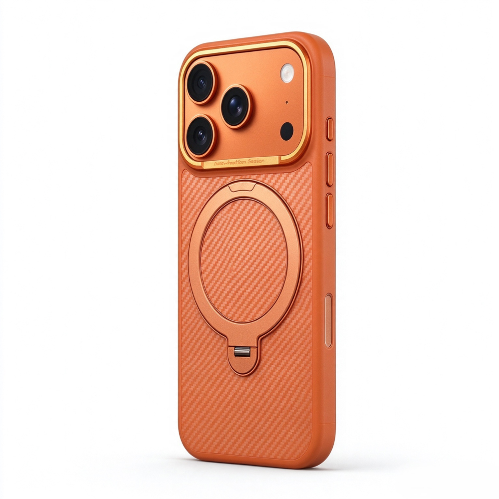 ZeekClub Fiber Orange magnetic iPhone case with finger ring holder and gold camera bezel, side view