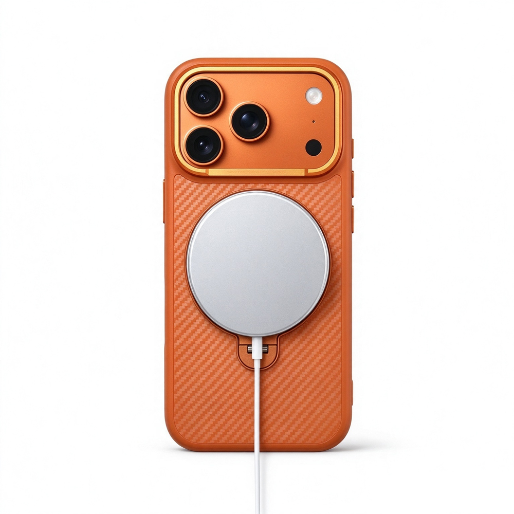 ZeekClub Fiber Orange magnetic iPhone case with wireless charger attached
