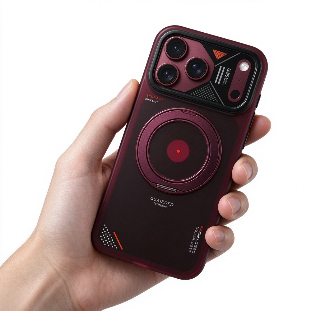 ZeekClub Forge Crimson armored magnetic iPhone case held in hand