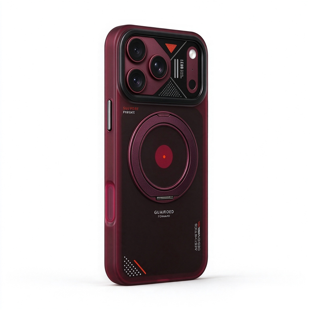 ZeekClub Forge Crimson magnetic iPhone case with armored design and raised camera module, side view