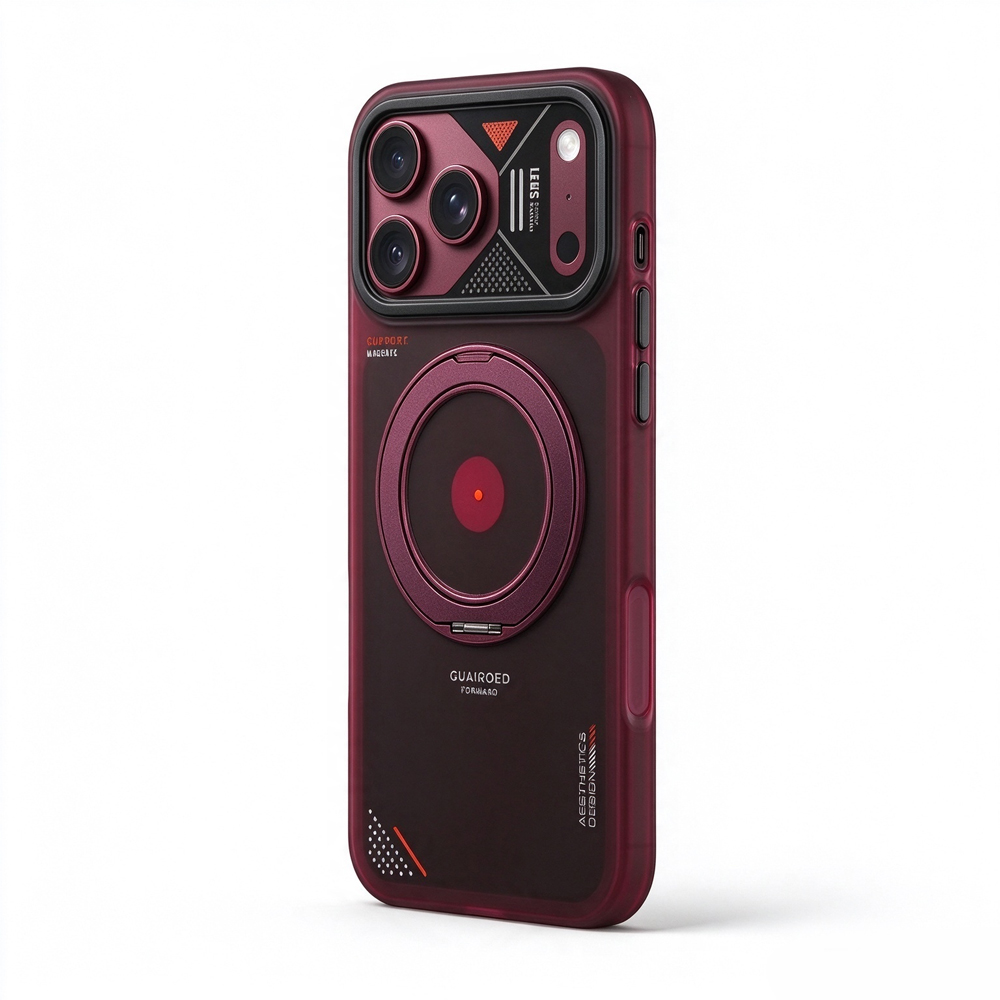 ZeekClub Forge Crimson magnetic iPhone case with triple lens camera guard and red details, side view