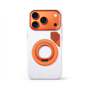 ZeekClub Golden Armor magnetic leather iPhone case in White with orange camera bezel, protective corners, and built-in magnetic ring