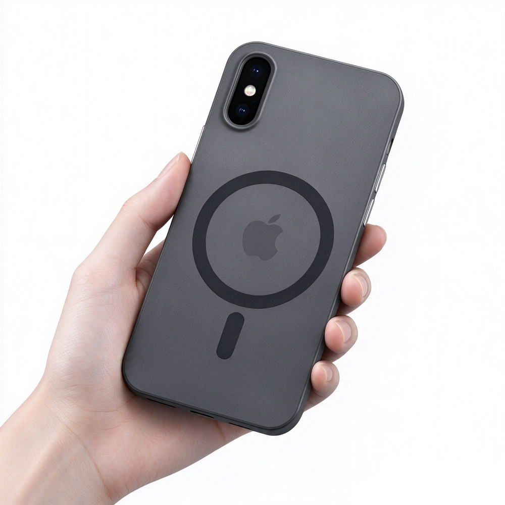 ZeekClub Graphite Charcoal magnetic iPhone case held in hand