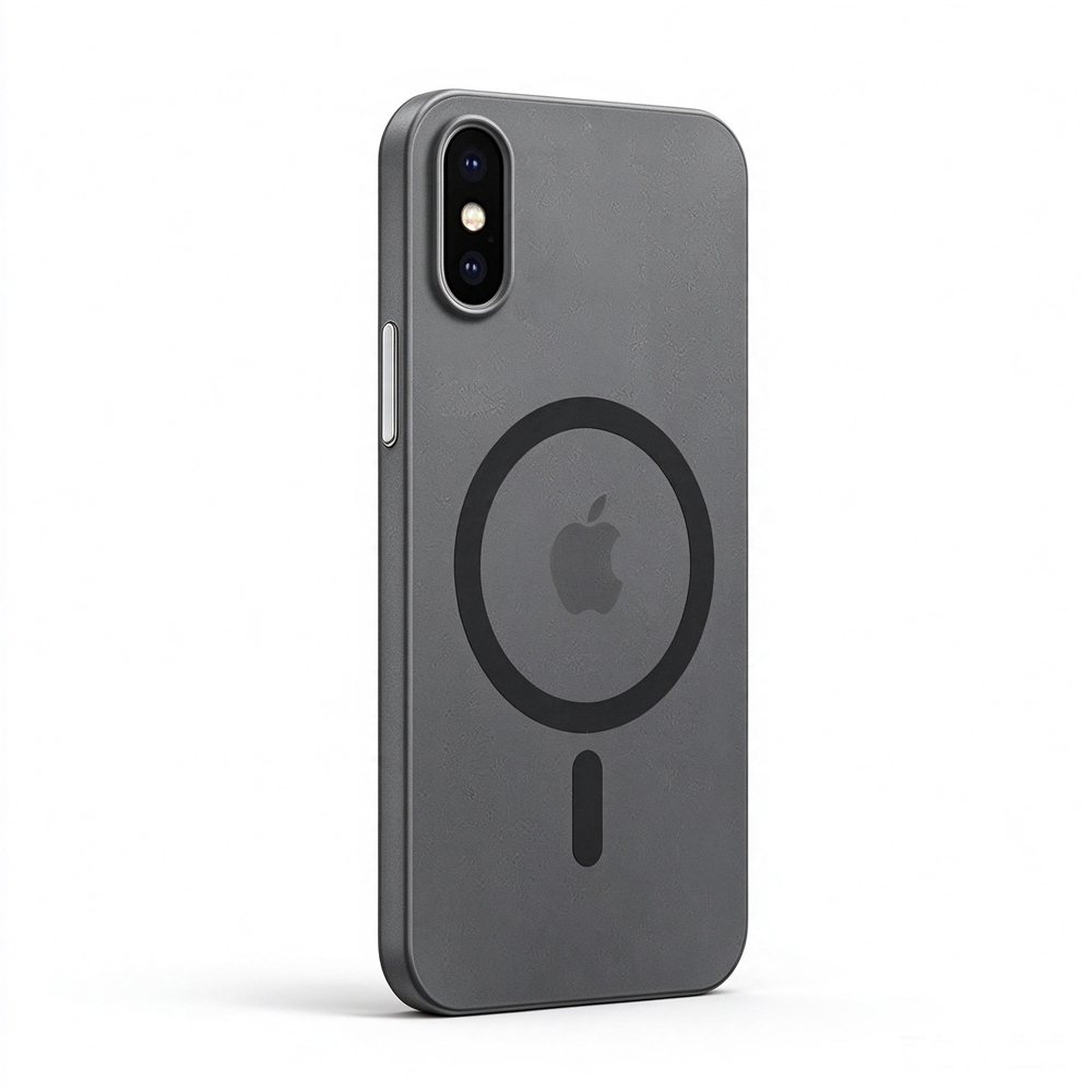 ZeekClub Graphite Charcoal magnetic iPhone case with textured matte back and magnetic ring, side view