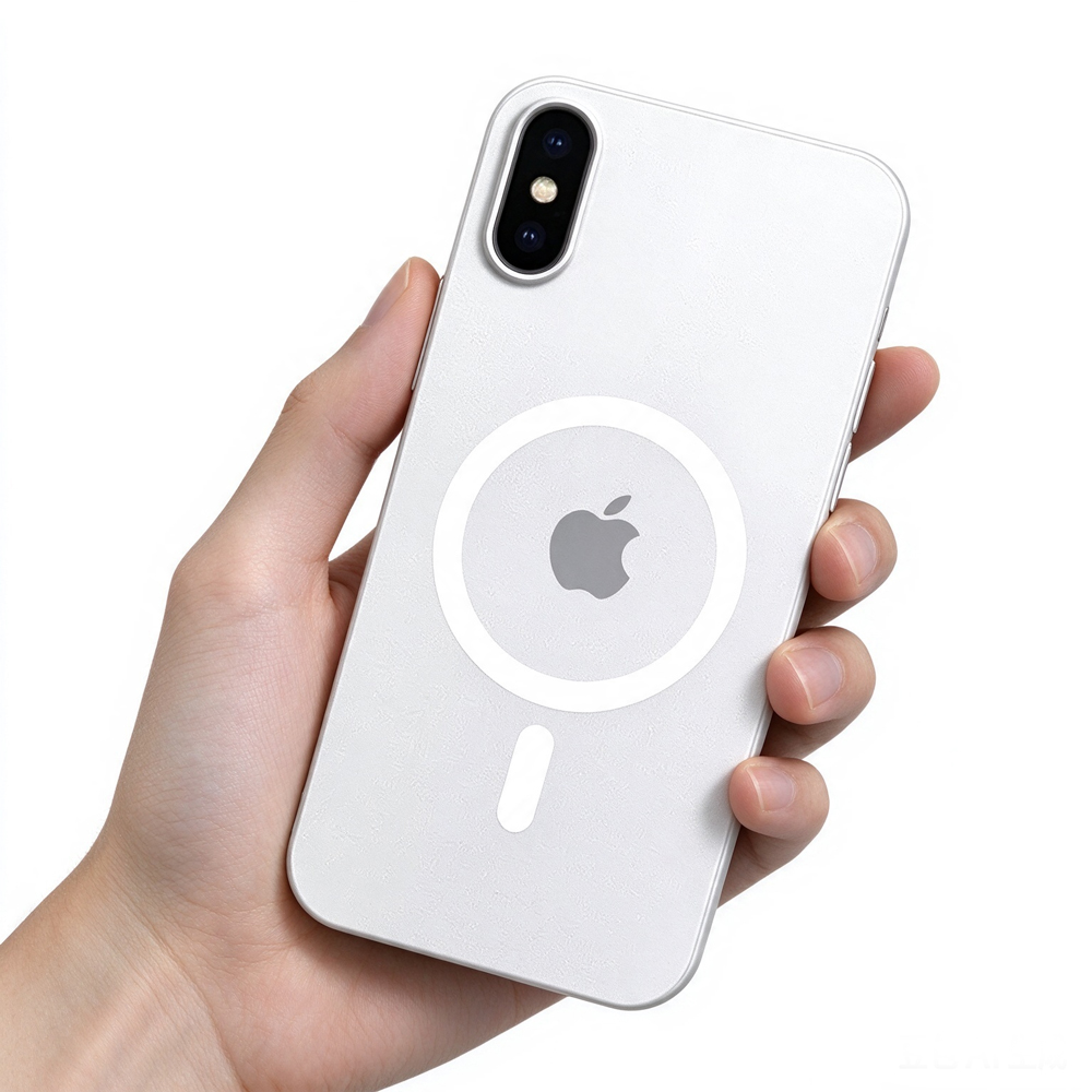 ZeekClub Graphite Snow magnetic iPhone case held in hand